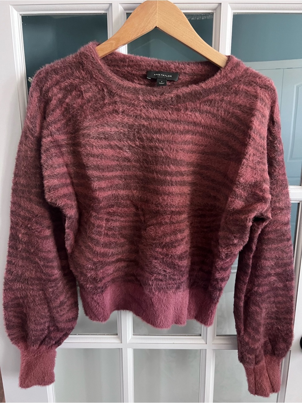 Ann Taylor Fuzzy Striped Crewneck Sweater in Mauve